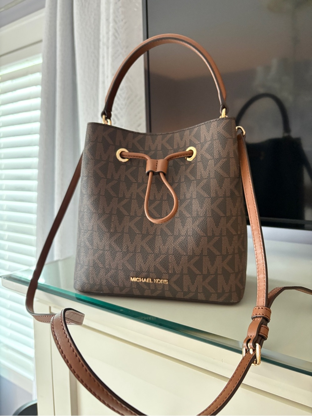 Michael Kors Brown Monogram Drawstring Bucket Shoulder Bag